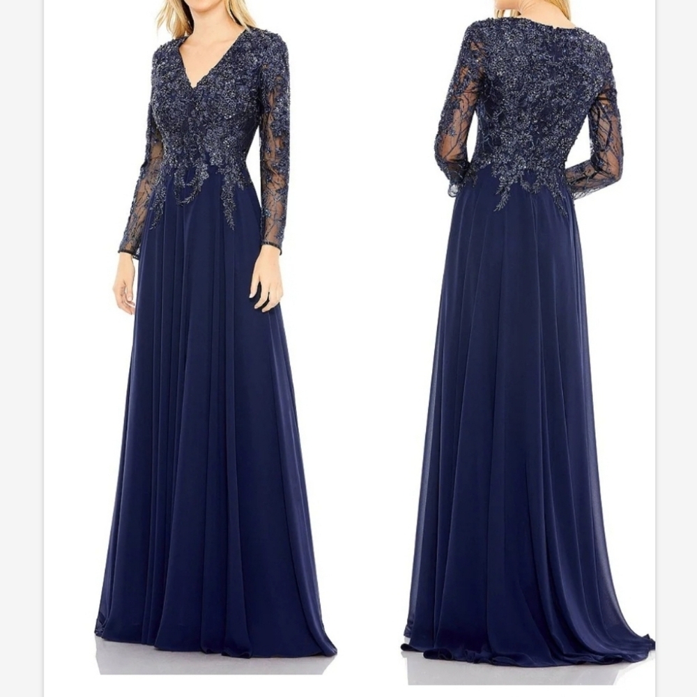 Mac Duggal Embellished Floral Lace V-Neck Illusion Long Sleeve Gown Navy SZ 10